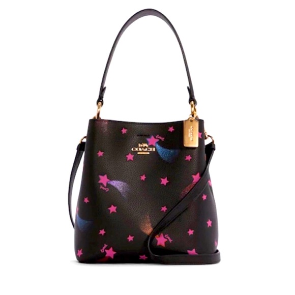 New coach Town Bucket Bag Pink Disco Star Print Black Leather Purse - Picture 1 of 9